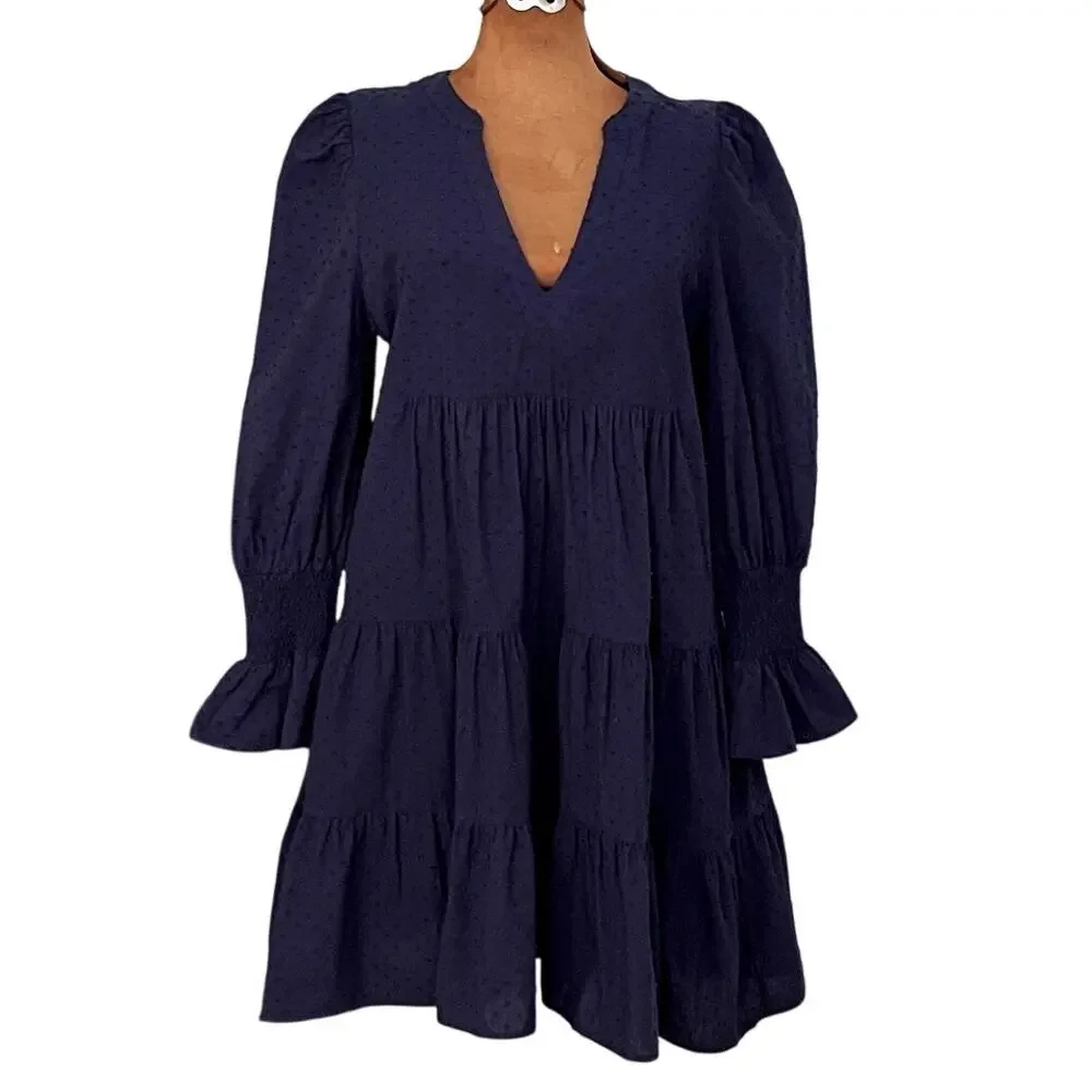 Pomander Place Sz M Kenzo Dress Navy Cotton Swiss Dot Summer Casual Breezy Comfy - Picture 2 of 15